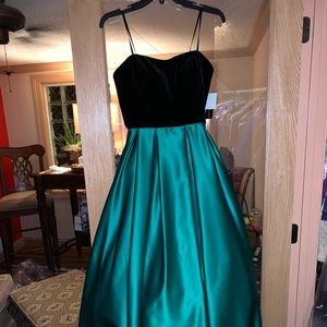 Betsy & Adam Black Velvet and Emerald Green Gown